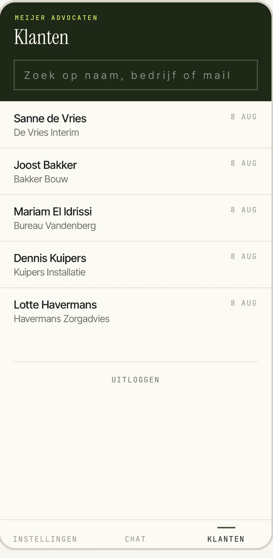 De klantenlijst in de app met zoekveld