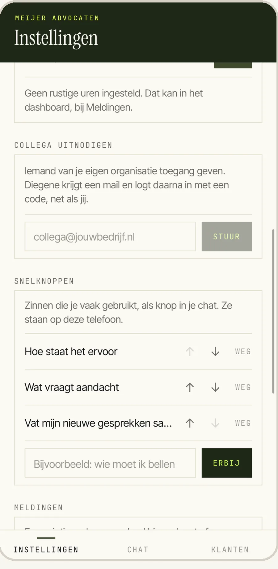 Instellingen met snelknoppen en het uitnodigen van een collega
